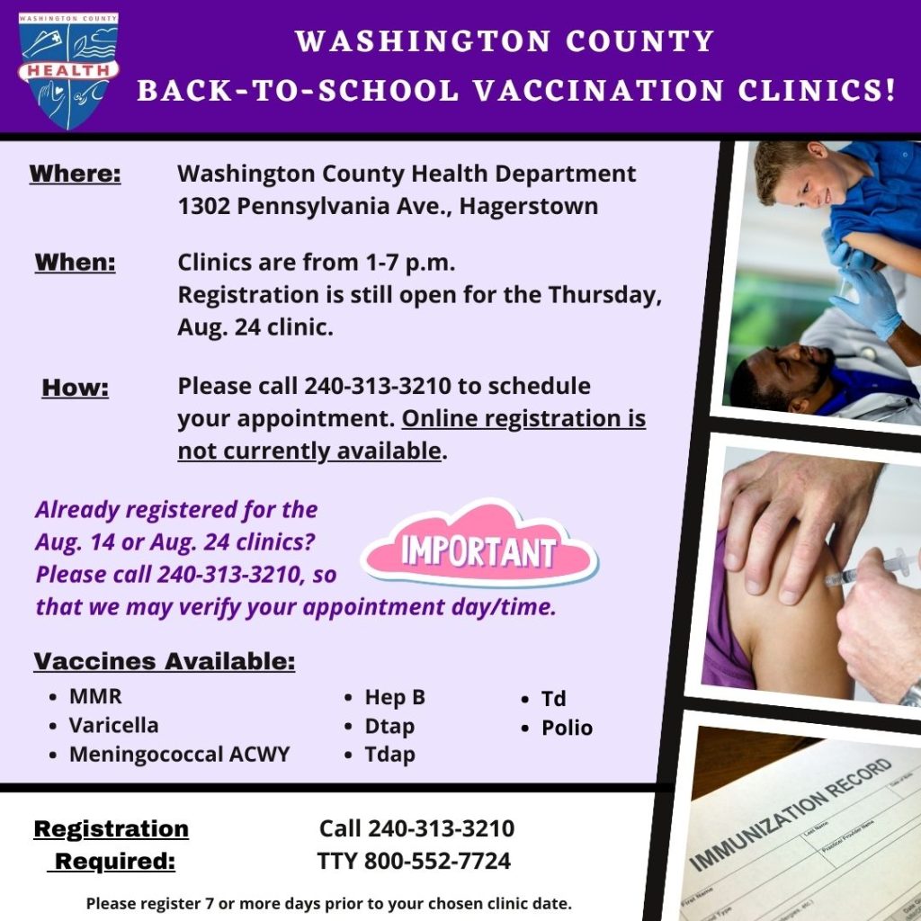 School Immunization Clinics updated after PrepMod shuts down, August 2023; Who, What, Where; registration number included; health department logo and various art related to topic; details in release