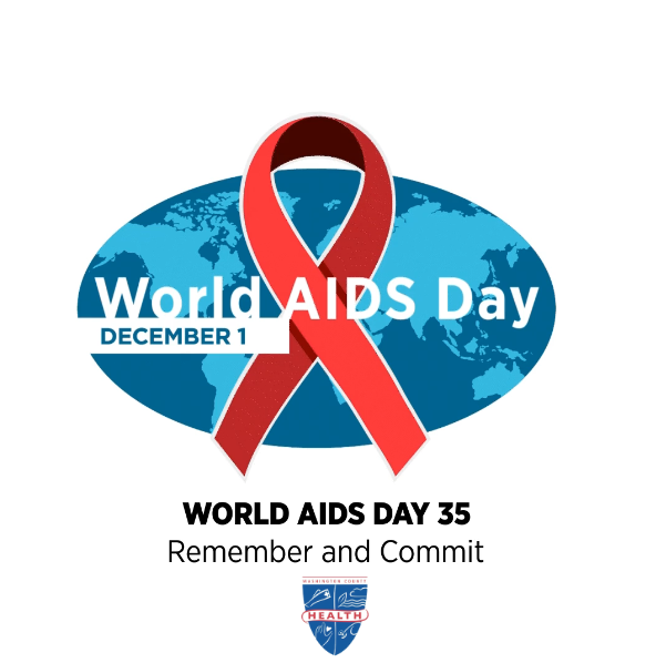 Image: Earth covered in a large red ribbon; Text: World AIDS Day, Dec. 1, World AIDS Day 35 - Remember and Commit; Health department logo