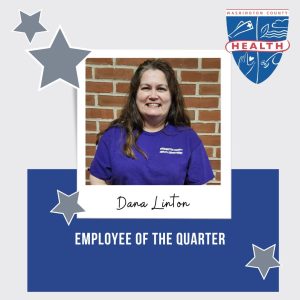 Image: Employee of the Quarter template box with blue and silver color scheme and stars; photo of winner and name - Dana Linton; health department logo
