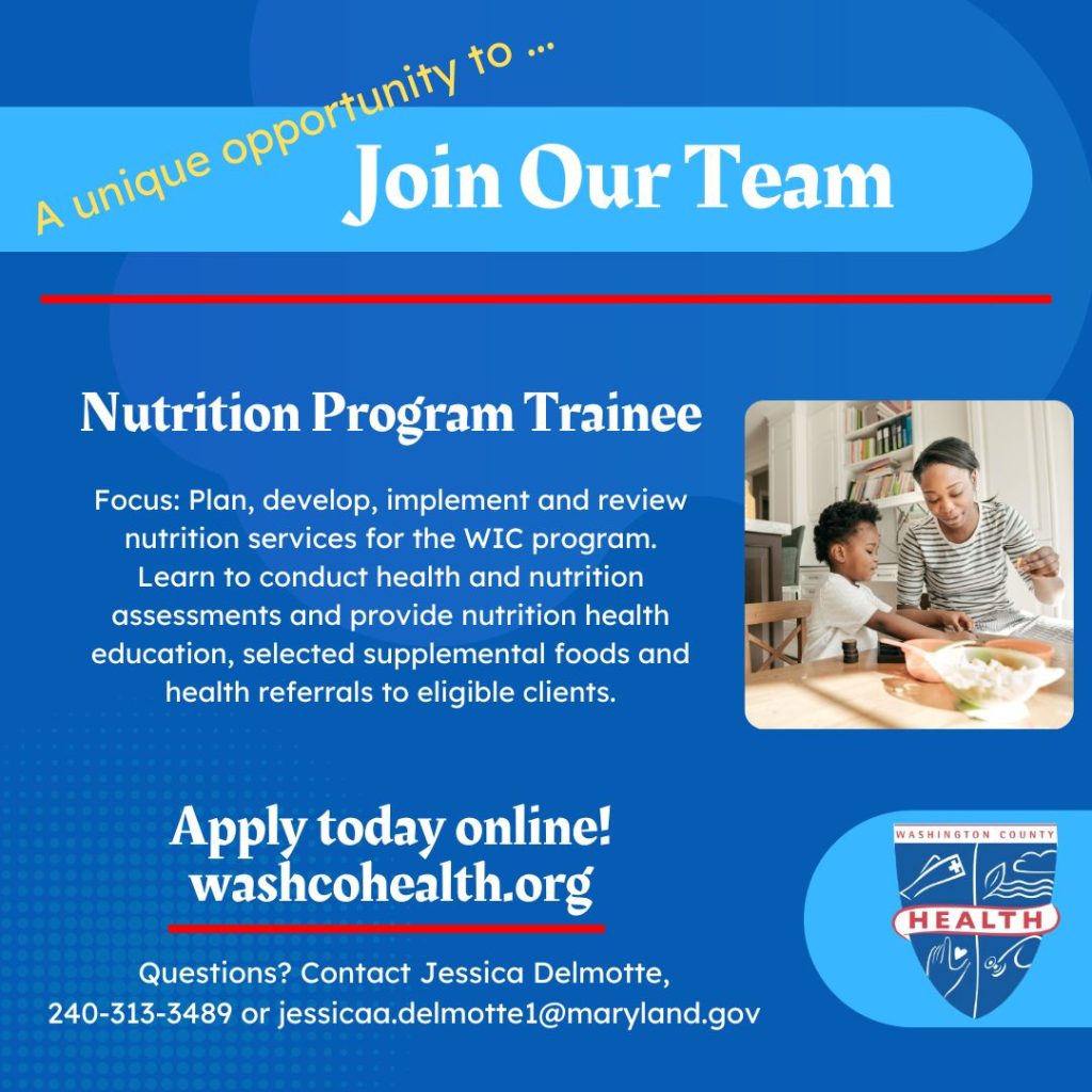 Image: Blue box with photo of mom and son making a salad; Text: A unique opportunity to Join Our Team. Nutrition Program Trainee with description of job opening. Apply today online! old.washcohealth.datachievereview.xyz. Questions - Contact Jessica in HR; health department logo