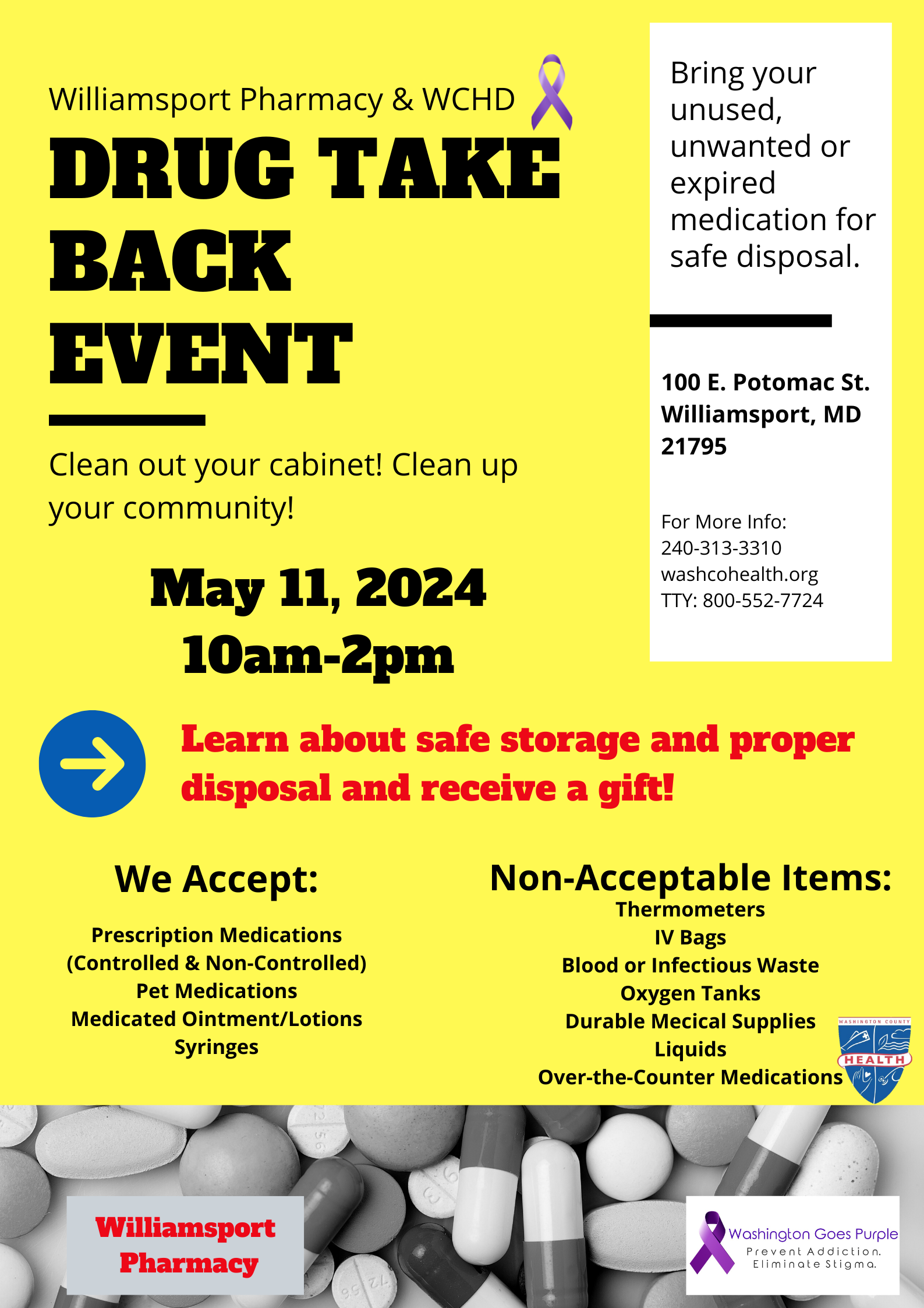 Image: Drug Take Back event flyer; May 11, 10 a.m.-2 p.m., Williamsport Pharmacy; logos for pharmacy, health department and Washington Goes Purple; photo of pills; details in event listing