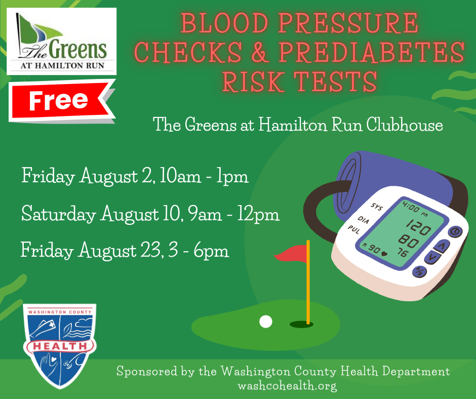 Image: Green box with illustrations related to a golf course, blood pressure cuff and monitor; logos for health dept and The Greens at Hamilton Run; FREE flag graphic. Text overlay: Blood Pressure Checks & Prediabetes Risk Tests, at the Clubhouse, Friday, Aug. 23, 3-6 p.m., sponsored by the WCHD, old.washcohealth.datachievereview.xyz.