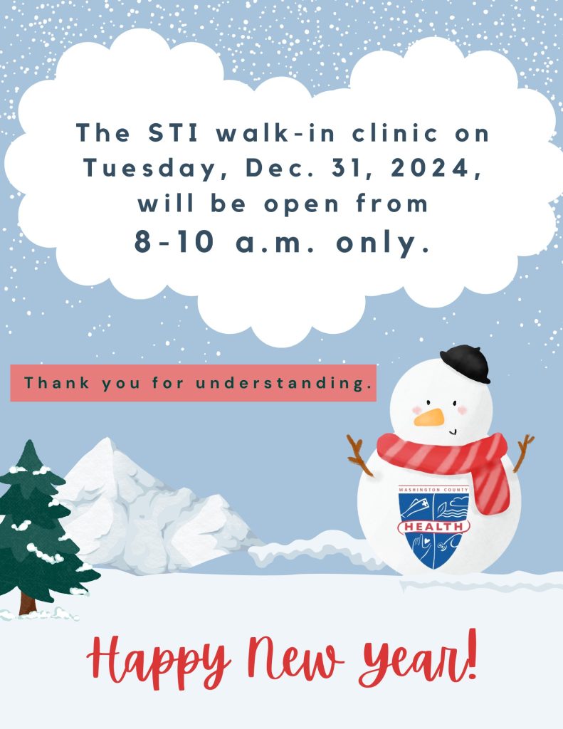 STI walk-in clinic on Dec. 31 will be open from 8-10 a.m. only; health department logo.