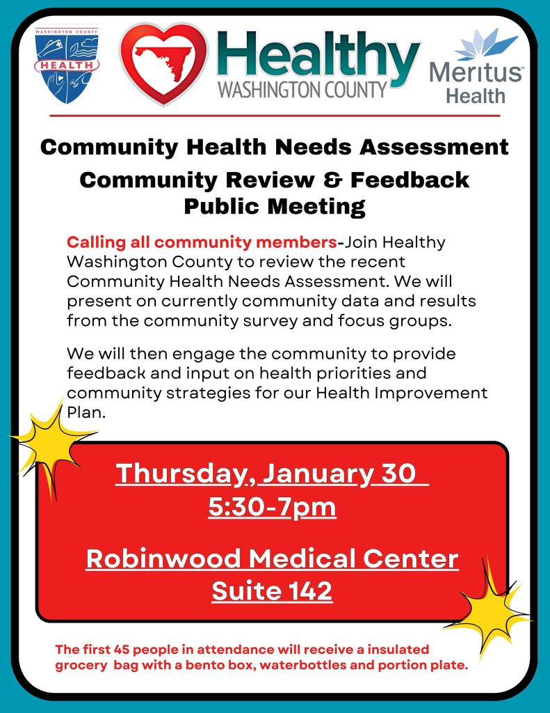 Flyer promoting Community Health Needs Assessment Community Review & Feedback Public Meeting, Thursday, Jan. 30, 5:30-7:00 p.m., Robinwood Professional Center. Details in narrative of post.