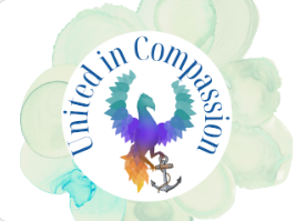Text: United in Compassion. Image: Multicolored bird holding an anchor as it takes off to fly.