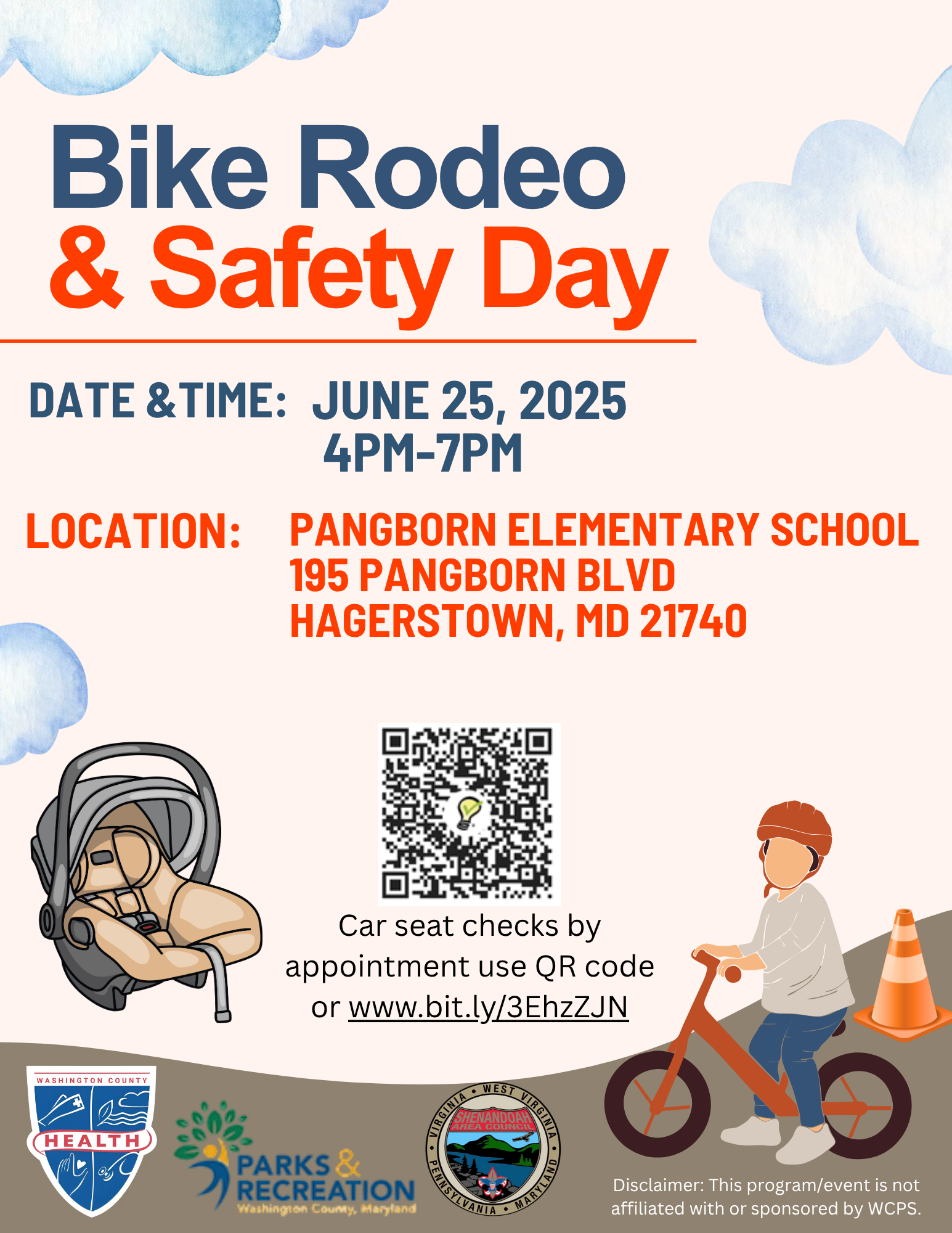 Bike Rodeo and Safety Day; June 25, 4-7 p.m., Pangborn Elementary School. Sponsors logos shown including health department's.