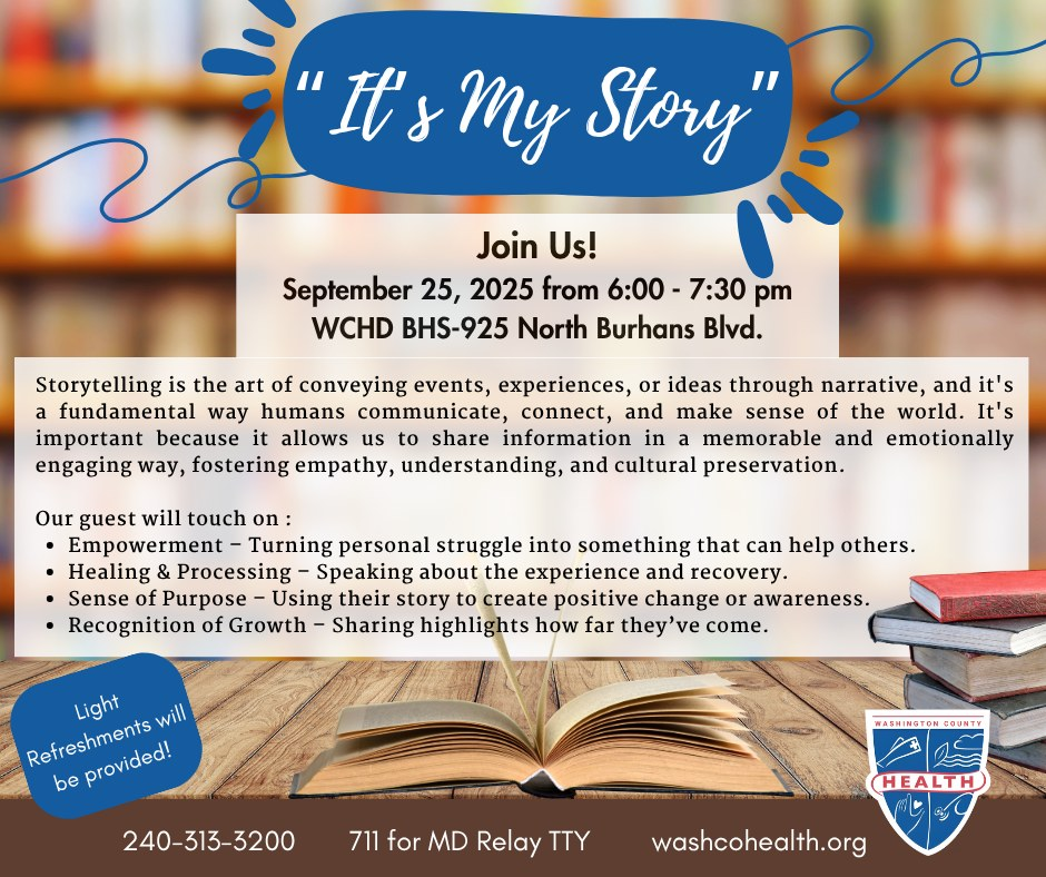 It's My Story event description (in narrative on event listing); Join Us! Sept. 25, 6:00-7:30 p.m. 925 N. Burhans Blvd. Health dept logo